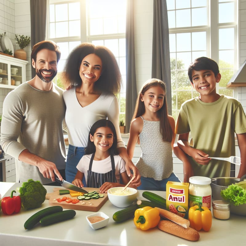 A bright kitchen scene with a friendly family preparing a colorful keto meal featuring Amul Cheese clear food labels allergy safe snacks and fresh green vegetables sunlight streaming through a window smiles and a clean modern countertop