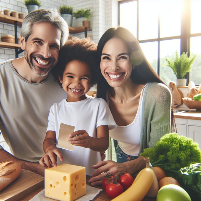 A happy diverse family in a bright modern kitchen reading a food label on Amul cheese with a cheerful child smiling at the camera green plants and fresh groceries on the counter sunlight streaming in through the window creating a safe and welcoming atmosphere