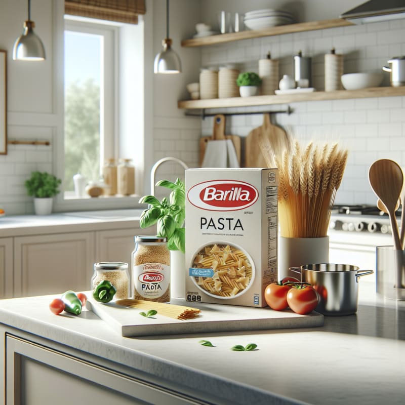 A bright modern kitchen countertop with Barilla pasta boxes and clear allergy-friendly ingredient labels surrounded by fresh vegetables wheat and clean kitchen tools in natural light with a hopeful and inviting atmosphere