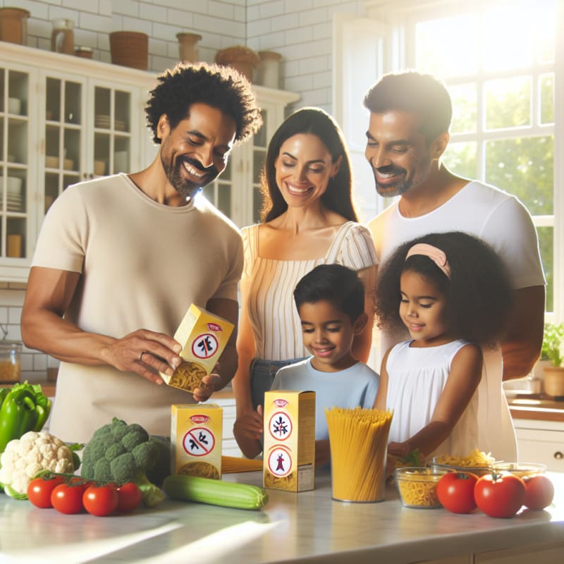 Bright kitchen countertop with friendly family inspecting pasta ingredients allergy-safe symbols on packaging fresh vegetables nearby sunlight streaming through window