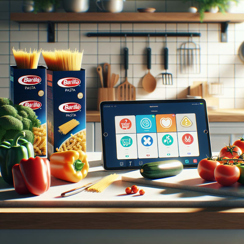 Bright kitchen countertop with neatly arranged Barilla pasta boxes fresh colorful vegetables a digital tablet displaying food safety icons allergy-friendly labels soft natural lighting