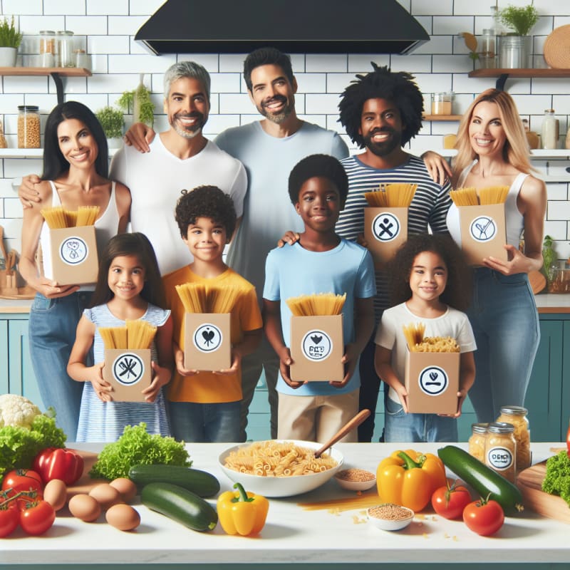 A bright modern kitchen scene with a happy diverse family holding boxes of Barilla pasta surrounded by fresh vegetables and allergy-safe food labels natural sunlight streaming through a window creating a safe and welcoming atmosphere emphasizing healthy choices and togetherness