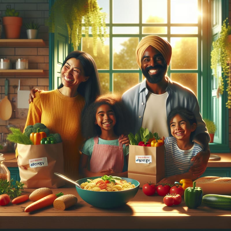 A cheerful kitchen scene with a bright bowl of pasta vibrant vegetables smiling faces a grocery bag with allergy-safe labels and a sunlit window with green plants