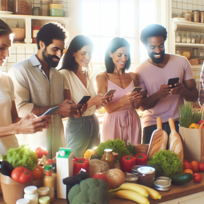 A cheerful young parent using a smartphone food scanner app in a bright modern kitchen surrounded by fresh colorful groceries allergy-safe labels visible sunlight streaming in hopeful atmosphere