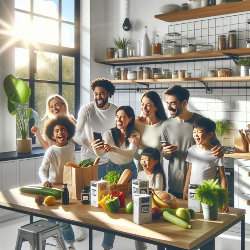 Bright modern kitchen scene with diverse family using a smartphone food scanner app cheerful expressions healthy vegan groceries allergy-safe labels sunlight streaming through windows