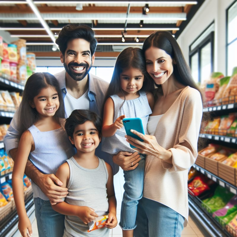 A cheerful young adult using a smartphone to scan a food label in a bright modern grocery store with clear gluten free signage natural lighting and diverse shoppers smiling in the background