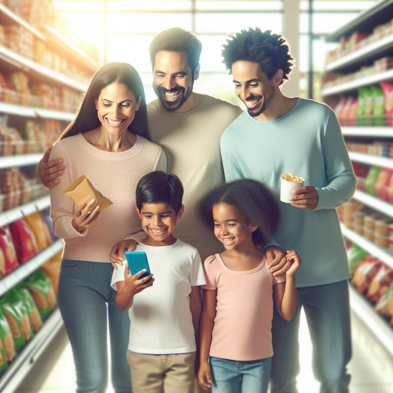 A bright modern grocery store scene with a diverse group of people using smartphones to scan food labels cheerful parents and kids smiling healthy keto snacks and allergy-friendly products on shelves vibrant lighting mobile screens displaying nutrition info joyful atmosphere