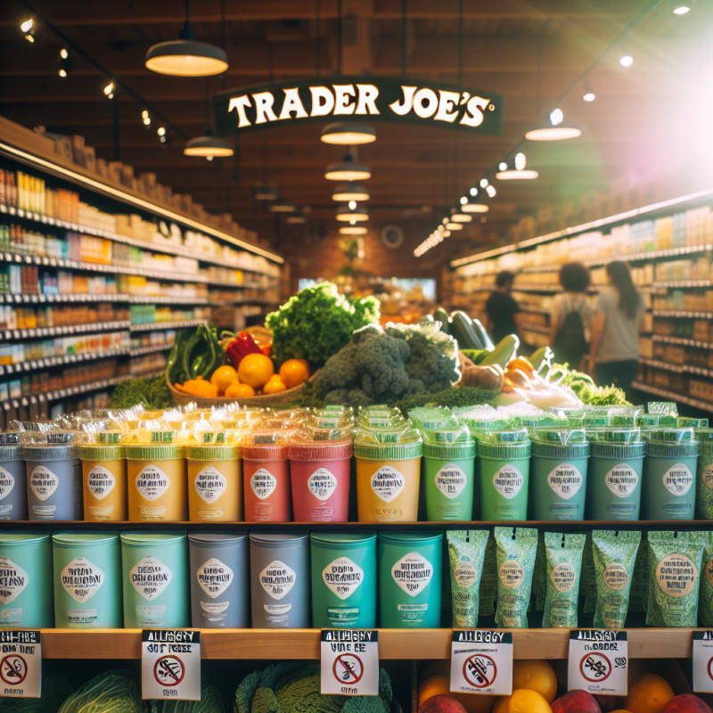 Brightly lit Trader Joes shelf filled with colorful vegan products in eco-friendly packaging surrounded by fresh leafy produce clean labels and allergy icons visible sunny background