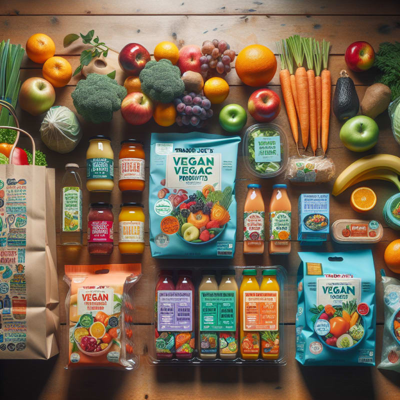 A bright flat lay of colorful vegan Trader Joes products with allergy-friendly packaging clear food safety labels fresh fruits and vegetables arranged on a wooden table with eco-friendly grocery bags and soft natural lighting