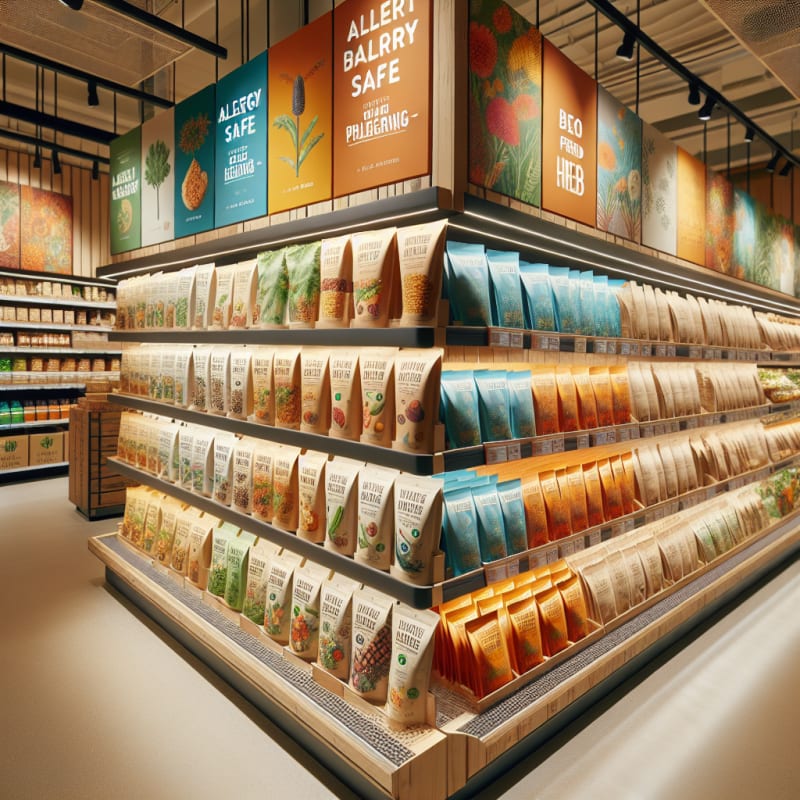 Bright modern grocery store shelf filled with vibrant plant-based food packages clearly labeled allergy safe clean eco friendly materials natural lighting hopeful atmosphere
