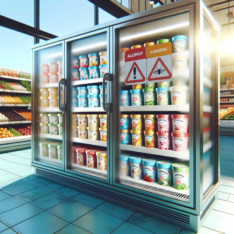 Bright supermarket freezer display filled with colorful ice cream tubs clear allergy warning signs on packages sunlit background optimistic vibe