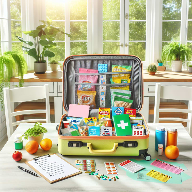 Bright open suitcase on a clean kitchen counter surrounded by allergy-safe snacks travel-size medication medical alert cards colorful food label guides and a notepad checklist in a sunlit room with plants and a hopeful atmosphere