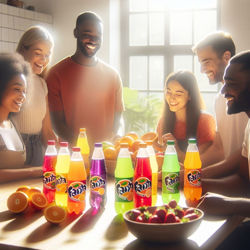 Bright kitchen scene with diverse family reading a Fanta bottle label smiling together healthy snacks on table natural lighting hopeful atmosphere