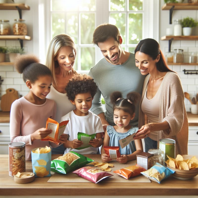 Happy family reading snack labels together in a bright modern kitchen with sunlight healthy packaged chips on table smiling faces open food packages gentle colors