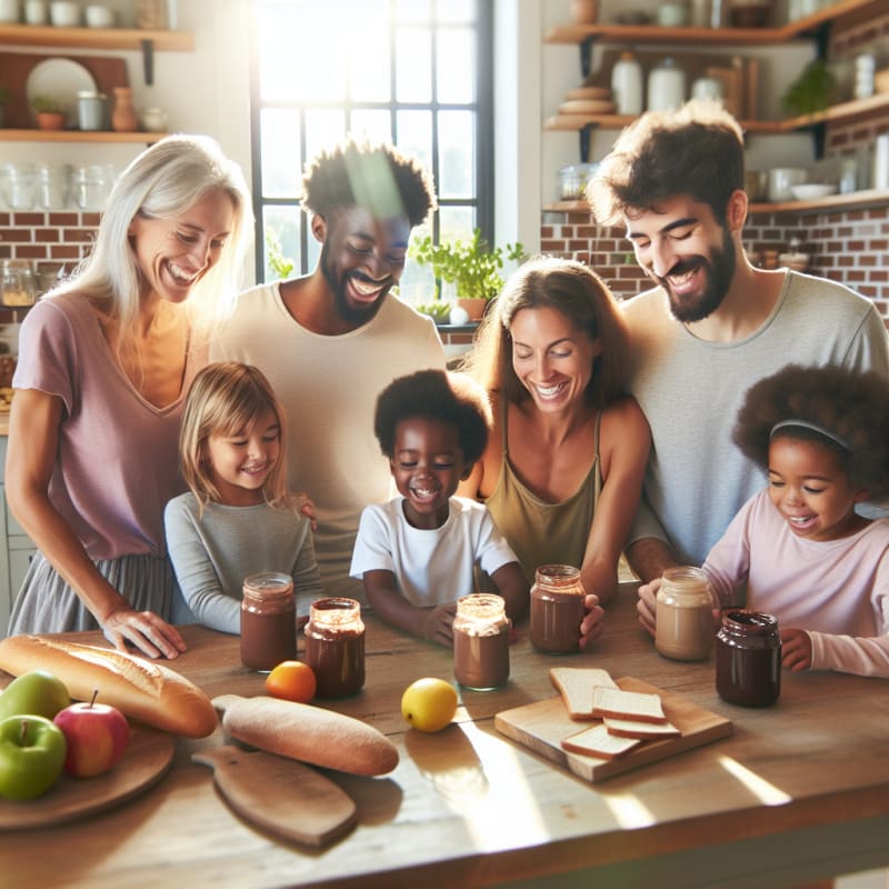 A bright kitchen scene with a diverse family reading food labels together smiling jars of chocolate spread visible fresh fruit and bread on the table sunlight streaming in