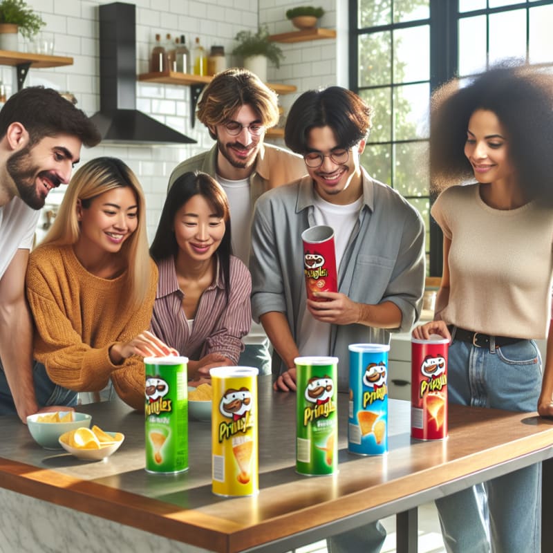 Bright kitchen scene with diverse group of happy people checking snack labels colorful Pringles cans on counter natural sunlight streaming in modern healthy vibe