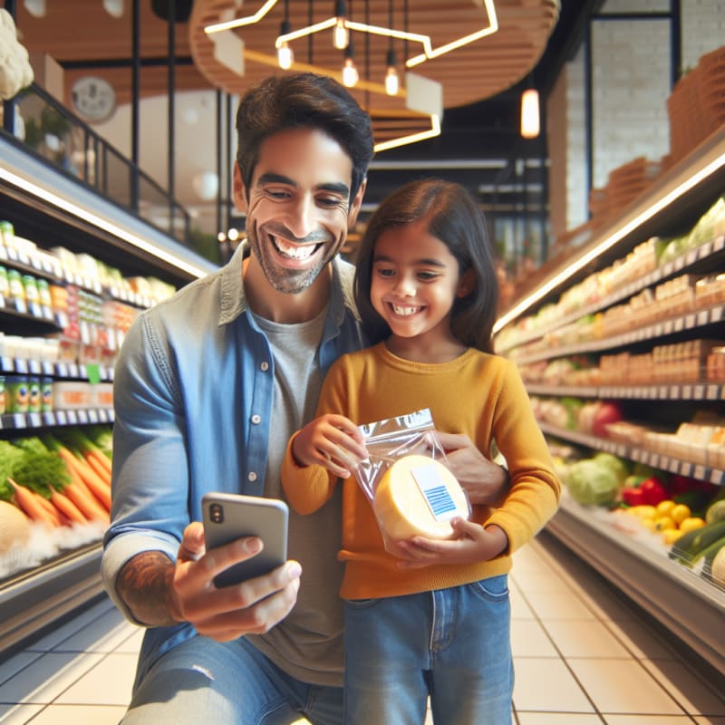 Bright kitchen scene with a smiling parent and child reading a cheese label on a colorful Amul cheese pack surrounded by fresh fruits and veggies sunlight streaming in cheerful atmosphere