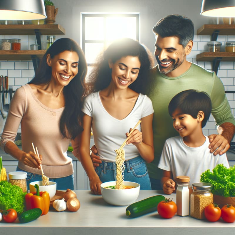 Bright kitchen with a happy family preparing a bowl of instant noodles surrounded by fresh vegetables allergy-friendly food labels and a cheerful modern vibe