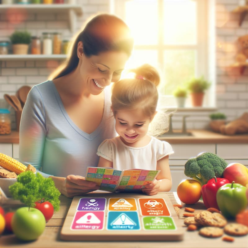 A bright kitchen scene with a smiling parent and child reading a colorful snack label together healthy snacks on the table fresh vegetables and fruits allergy alert icons in the background soft sunlight and a hopeful mood