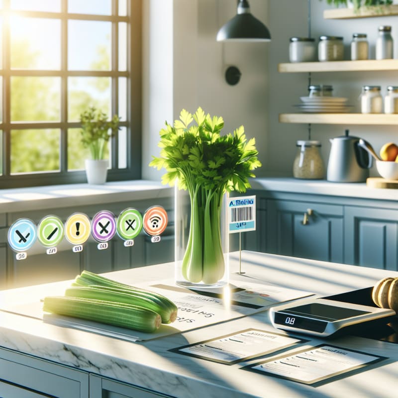 Bright modern kitchen countertop with fresh celery bundles next to colorful warning symbols clear food labels digital barcode scanner and allergy-safe recipe cards natural light hope-filled atmosphere