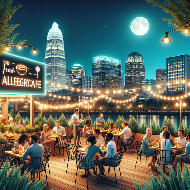 Bright welcoming Charlotte skyline at midnight with glowing restaurant signs fresh allergy-safe foods on outdoor tables cozy lighting warm inviting atmosphere