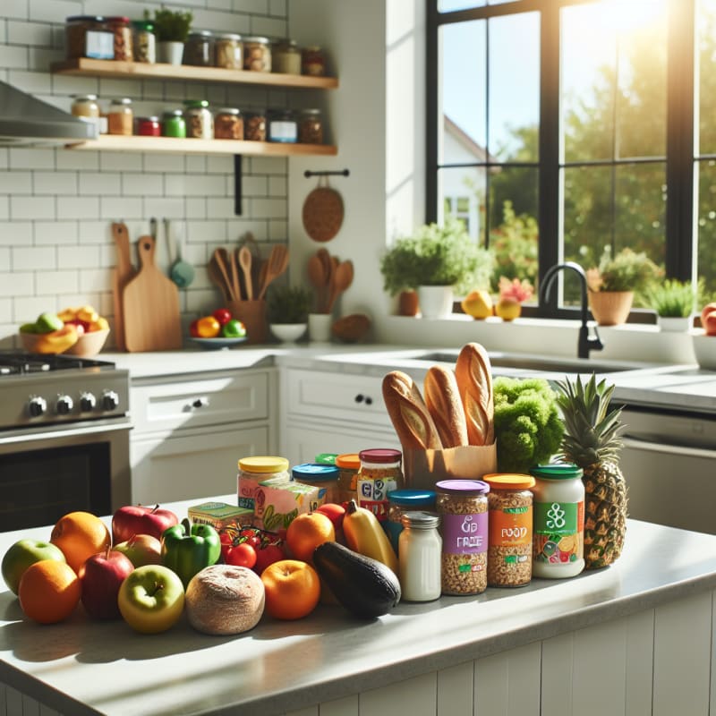 Bright kitchen countertop with organized allergy-safe groceries vibrant fresh produce gluten-free bread and colorful food labels sunlight streaming in through window clean modern kitchen