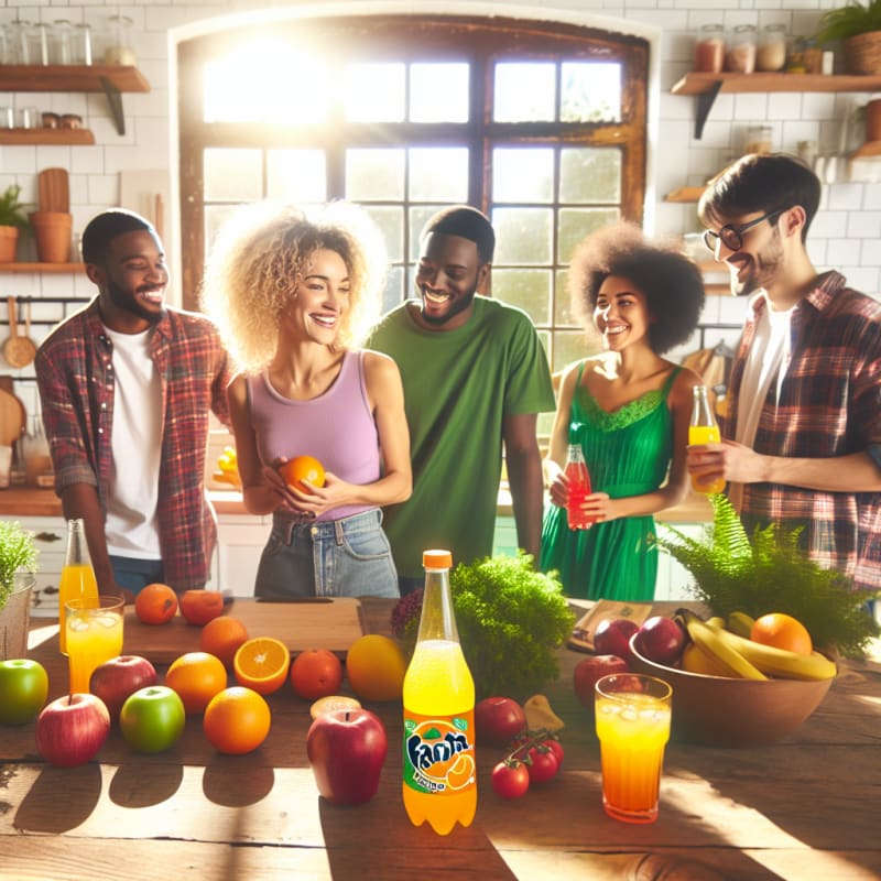 A bright kitchen scene with diverse people reading a Fanta bottle label smiling sunlight streaming in fresh fruits and allergy safe icons visible on the table
