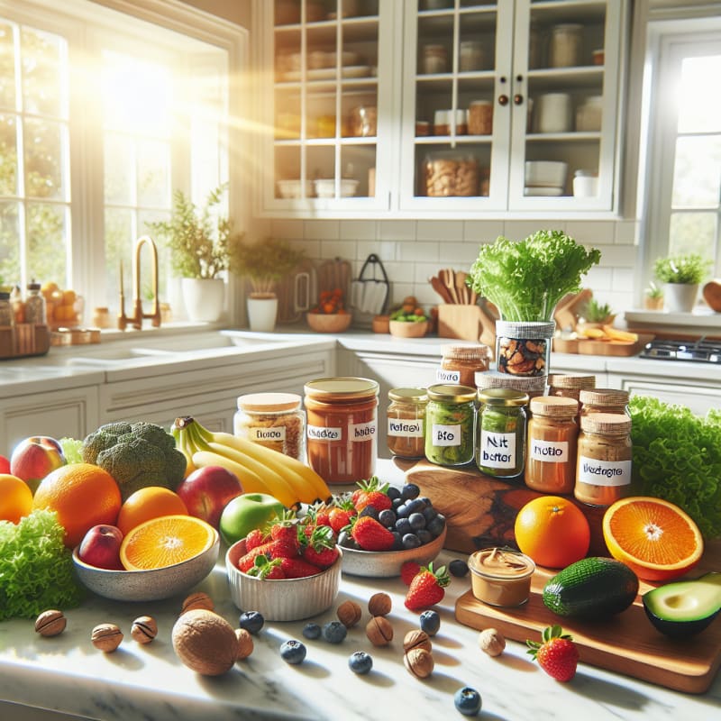 A bright modern kitchen countertop filled with fresh colorful plant-based foods nut butters vibrant fruits and veggies beside keto meal prep containers with clearly labeled allergy safe tags sunlight streaming from a window creating a hopeful inviting atmosphere