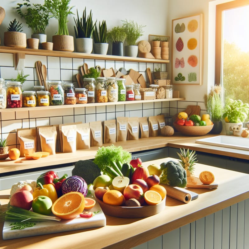 Bright modern kitchen counter with colorful fresh produce allergy-safe packaged foods clear ingredient labels natural light and vibrant eco-friendly decor