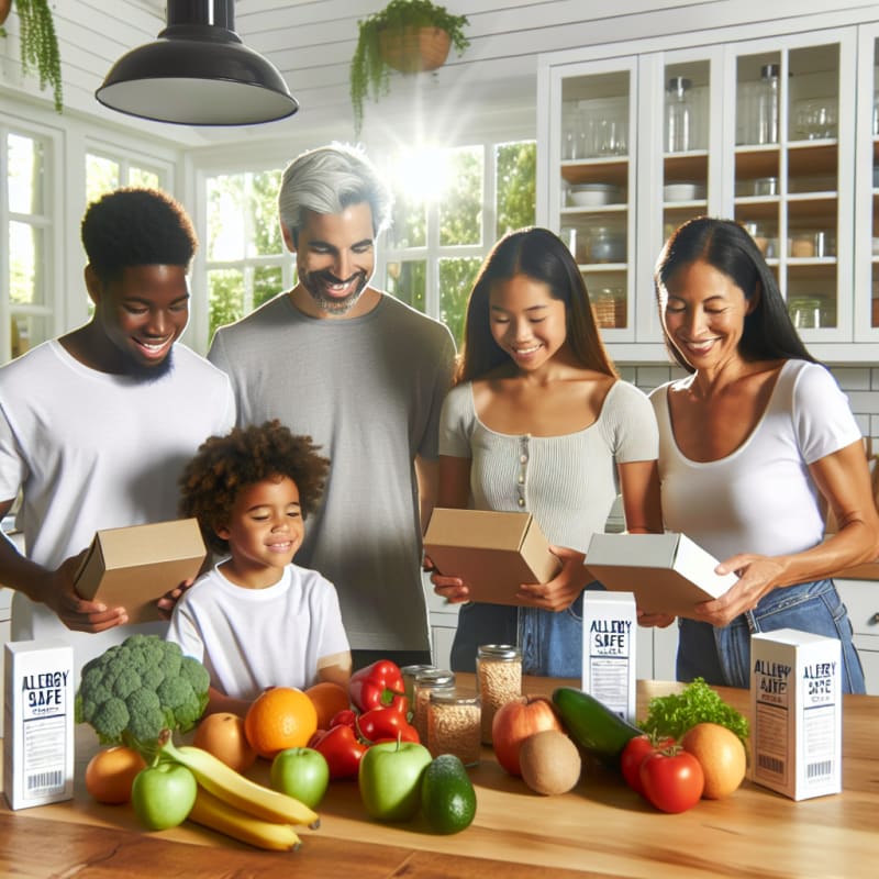A bright modern kitchen with a cheerful family reading food labels together fresh fruit and vegetables on the counter allergy-safe products and sunlight streaming in