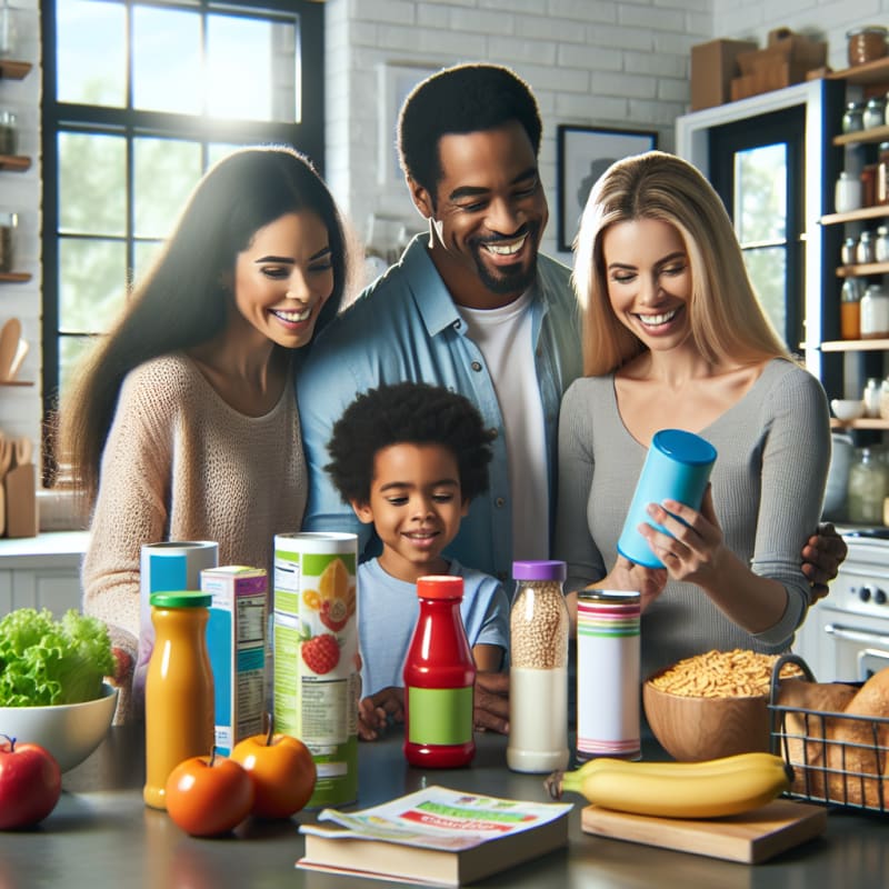 Bright kitchen scene with a diverse happy family reading food ingredient labels on colorful grocery products natural daylight allergy safe foods visible in the background smiling faces and clean modern countertop