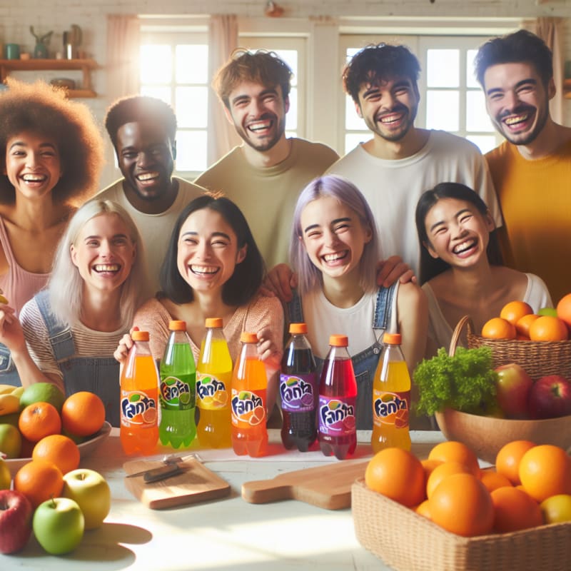 A cheerful kitchen scene with diverse people smiling as they check food labels on bright Fanta bottles surrounded by fresh fruits and allergy-friendly snacks sunlit modern background soft pastel colors