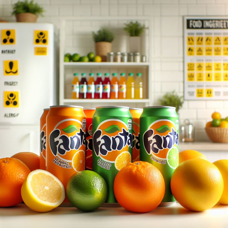 Bright and colorful display of Fanta cans and citrus fruits on a clean white kitchen counter with food ingredient labels and allergy-safe symbols visible in the background natural daylight
