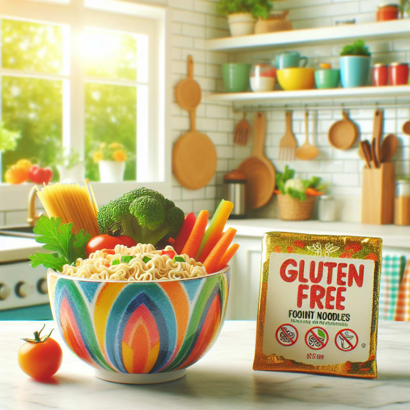 Bright kitchen countertop with a colorful bowl of instant noodles beside gluten-free food labels and fresh vegetables sunlit window in background clean cheerful setting