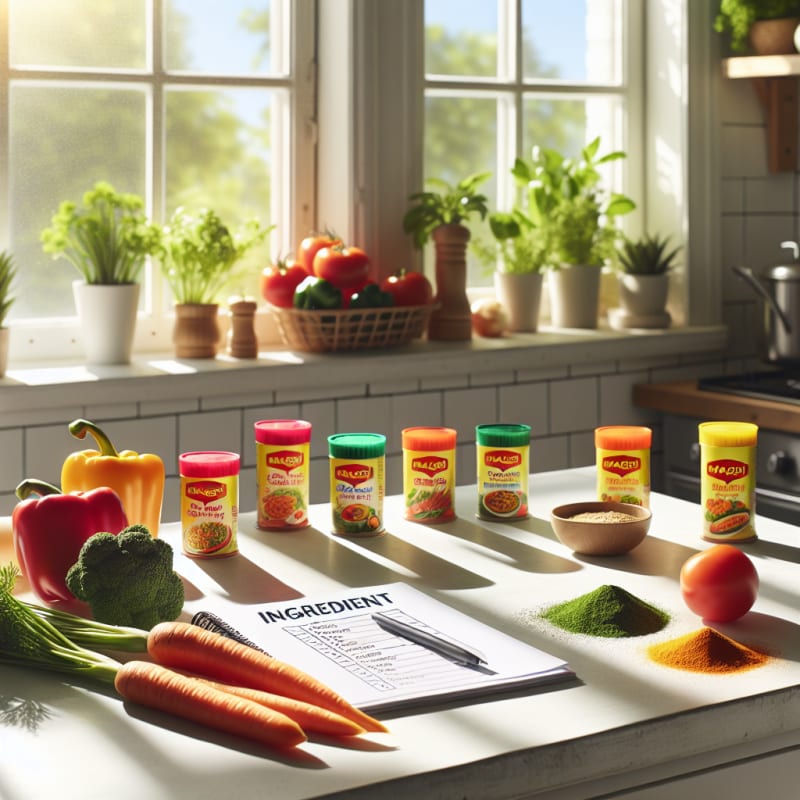A bright kitchen countertop with colorful Maggi seasoning packets arranged neatly next to allergy-safe food labels fresh vegetables and a clean ingredient checklist notebook natural sunlight streaming in for a hopeful atmosphere