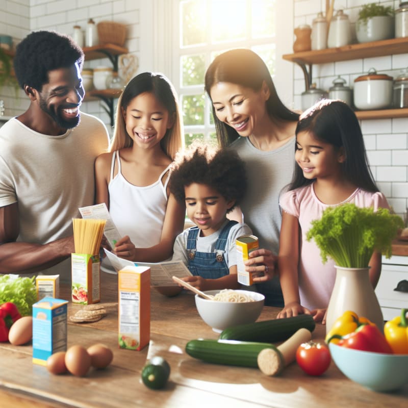 Bright kitchen setting with a happy family reading food ingredient labels together fresh vegetables colorful packaging and a bowl of Maggi noodles sunlight streaming in modern cozy atmosphere