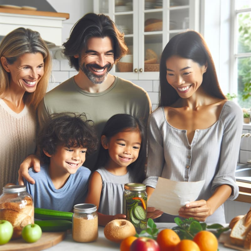 Bright kitchen scene with a smiling diverse family reading a Nutella jar label surrounded by fresh fruit and bread soft natural light hopeful mood