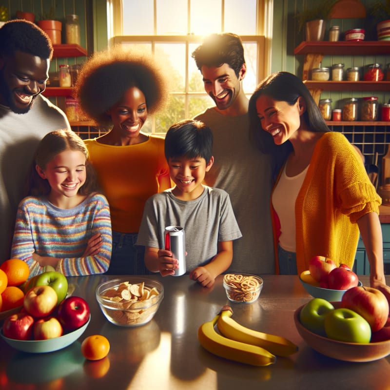 Bright colorful kitchen scene with a diverse family smiling and reading a soda can label surrounded by fresh fruits allergy-friendly snacks and sparkling clean surfaces warm sunlight streaming in hopeful atmosphere