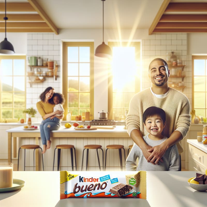 A cheerful kitchen scene with bright daylight showing a Kinder Bueno bar on a clean counter surrounded by colorful ingredient labels and allergy safety icons friendly family faces looking confident and hopeful