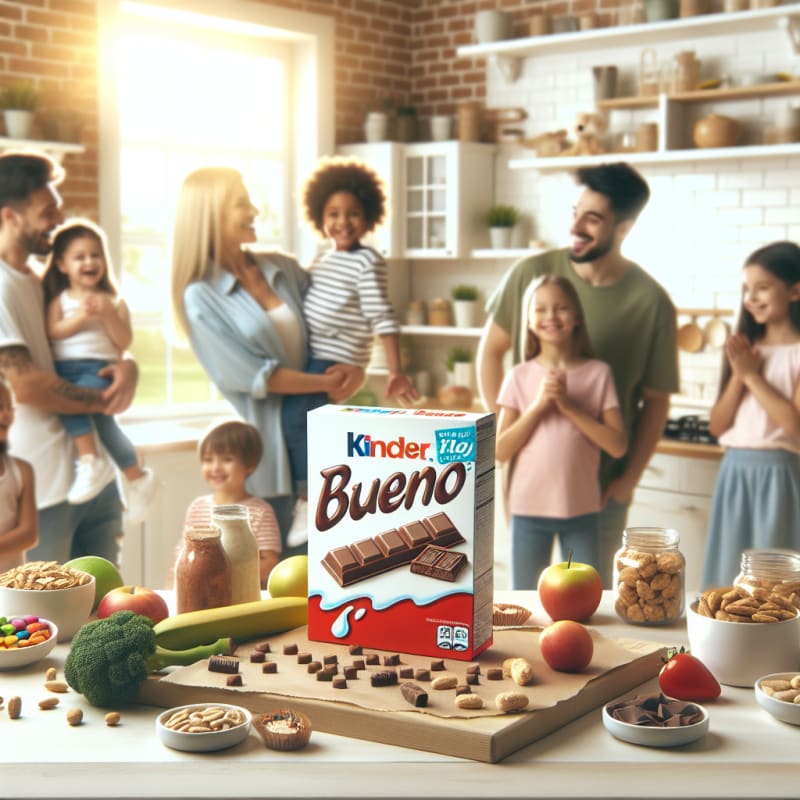 A bright kitchen scene with diverse snacks including a Kinder Bueno bar surrounded by colorful allergy-safe food labels and friendly families smiling natural lighting
