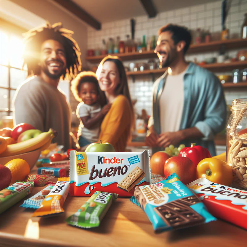 A bright cheerful kitchen scene with a closeup of a Kinder Bueno bar next to vibrant vegan snacks allergy-friendly symbols visible diverse family smiling modern grocery items on a sunlit countertop