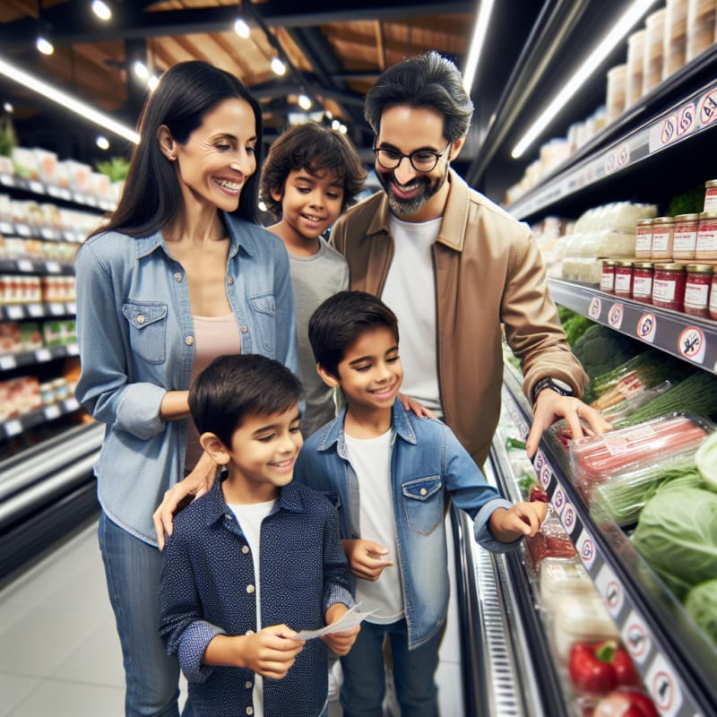 A cheerful family checking food labels in a bright modern grocery store with clear packaging healthy fresh produce and allergy-safe icons visible on products