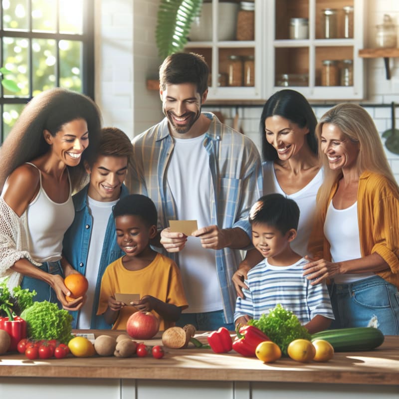 A cheerful diverse family checking food labels together in a bright modern kitchen surrounded by fresh fruits vegetables and allergy-friendly packaged foods sunlight streaming in everyone smiling feeling confident and safe
