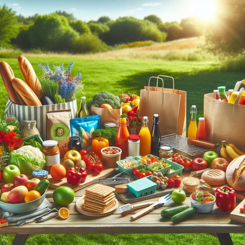 Bright outdoor picnic table filled with colorful fresh produce allergy safe packaged foods grill tools and eco friendly shopping bags set under clear blue sky with soft sunlight surrounded by green grass and blooming wildflowers