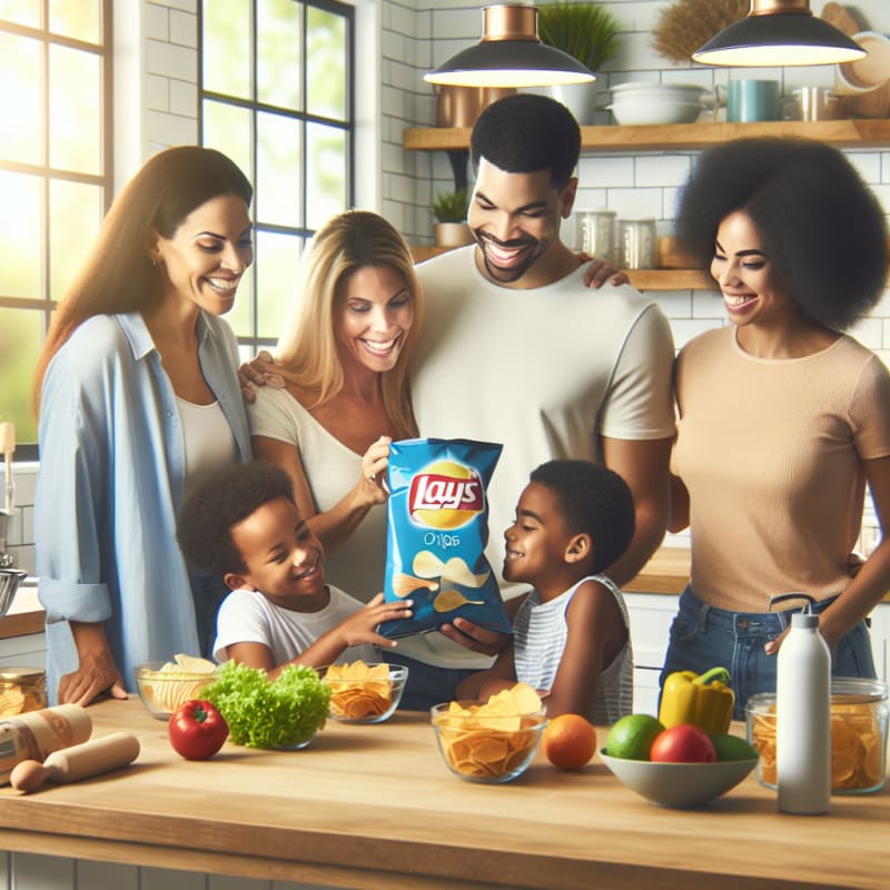 Bright kitchen scene showing a cheerful diverse family examining a bag of Lays chips together with modern grocery items and colorful allergy-safe labels visible hopeful atmosphere natural light