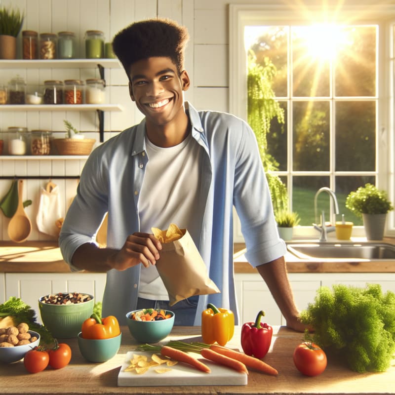 A bright kitchen scene with a cheerful young adult reading a chip bag label at a sunny countertop surrounded by fresh vegetables and healthy snacks smiling and confident mood