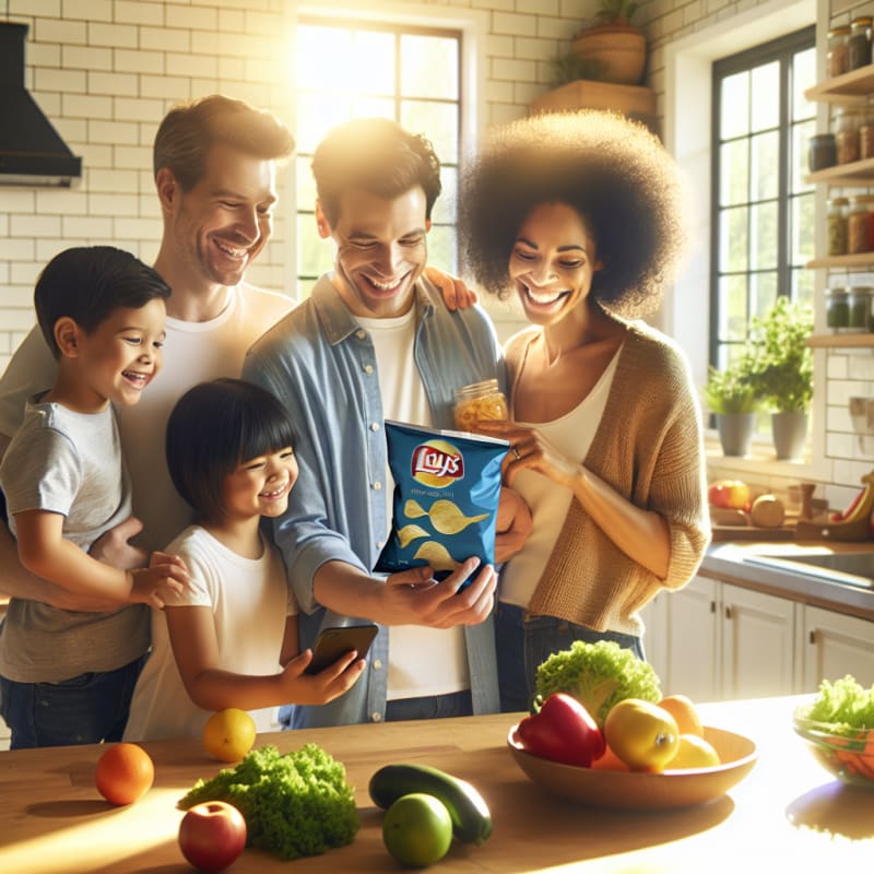 Bright kitchen with cheerful family reading Lays chip bag label sunny lighting healthy snacks visible smartphone app scanning ingredients hopeful safe atmosphere