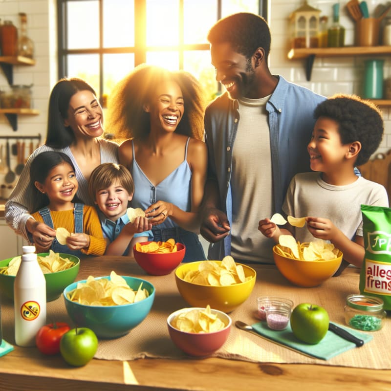 Bright friendly kitchen scene with diverse family happily sharing colorful bowls of potato chips on a sunny countertop food ingredient labels visible smiling faces conveying safety and trust allergy-friendly kitchen tools eco-friendly packaging hopeful mood