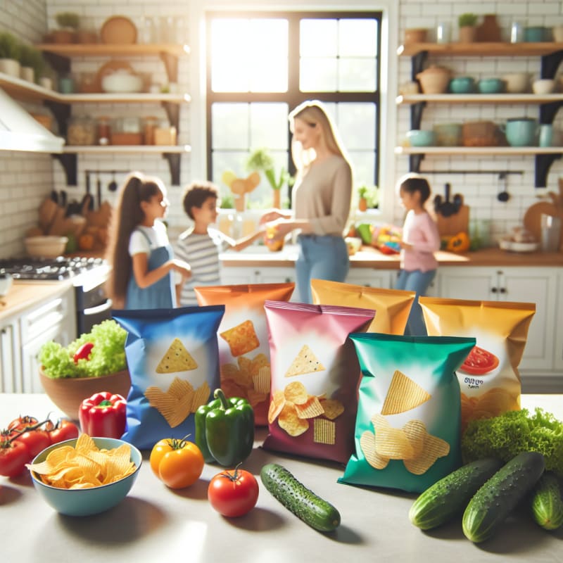 A cheerful kitchen scene with colorful snack bags of Lays chips on a bright countertop surrounded by fresh vegetables and allergy-safe labels soft sunlight and a welcoming family atmosphere