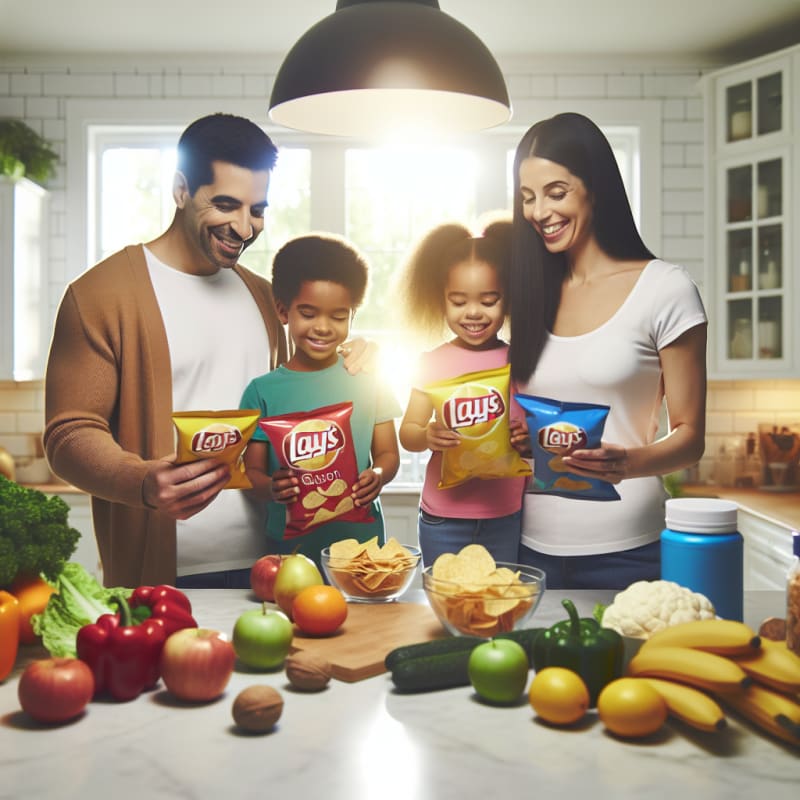 A bright kitchen countertop with Lays chips bags surrounded by colorful allergy-friendly foods smiling diverse family checking food labels happy lighting